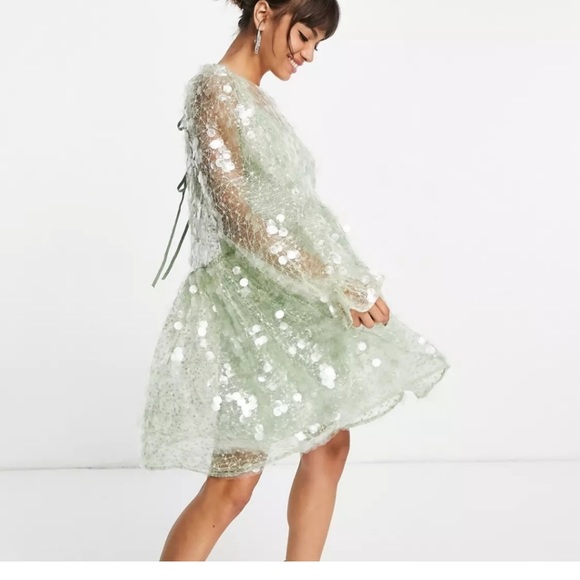 ASOS EDITION SEQUINED SHEER PART DRESS SZ 0 OVERSIZED MINT GREEN GOLD THREADING - Picture 6 of 10